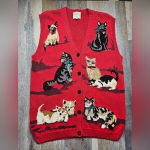 Vintage Cat sweater vest Susan Bristol Y2K 1995 Red Medium